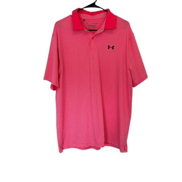 Under Armour Men’s Performance Striped Polo Size XL Pink White Loose Fit Golf - Picture 1 of 8